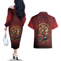 Native American Rider Couples Matching Off The Shoulder Long Sleeve Dress and Hawaiian Shirt Legendary Motorcycle Vintage Pin Up Girl - Wonder Print Shop