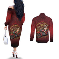 Native American Rider Couples Matching Off The Shoulder Long Sleeve Dress and Long Sleeve Button Shirt Legendary Motorcycle Vintage Pin Up Girl - Wonder Print Shop