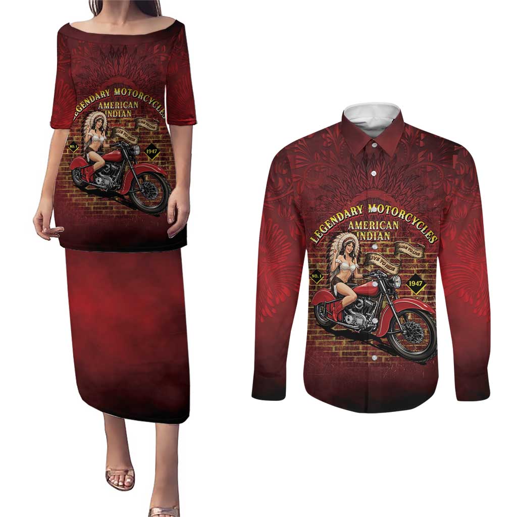 Native American Rider Couples Matching Puletasi and Long Sleeve Button Shirt Legendary Motorcycle Vintage Pin Up Girl - Wonder Print Shop