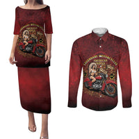 Native American Rider Couples Matching Puletasi and Long Sleeve Button Shirt Legendary Motorcycle Vintage Pin Up Girl - Wonder Print Shop