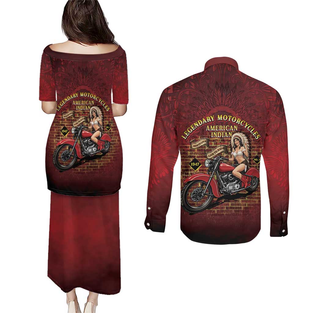 Native American Rider Couples Matching Puletasi and Long Sleeve Button Shirt Legendary Motorcycle Vintage Pin Up Girl - Wonder Print Shop