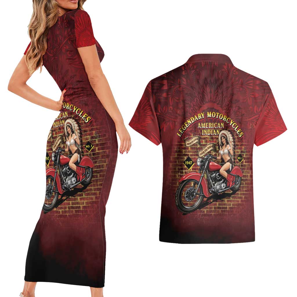Native American Rider Couples Matching Short Sleeve Bodycon Dress and Hawaiian Shirt Legendary Motorcycle Vintage Pin Up Girl - Wonder Print Shop