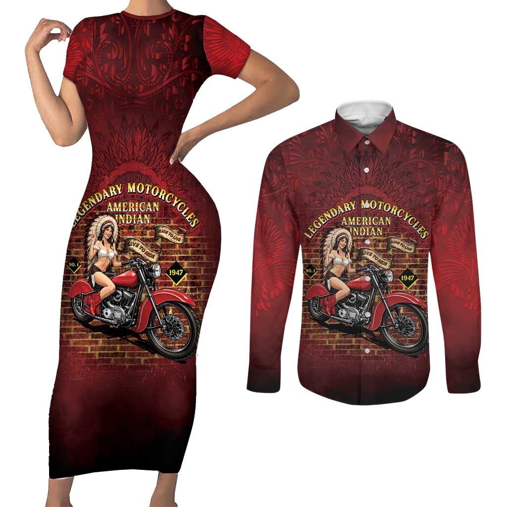 Native American Rider Couples Matching Short Sleeve Bodycon Dress and Long Sleeve Button Shirt Legendary Motorcycle Vintage Pin Up Girl - Wonder Print Shop
