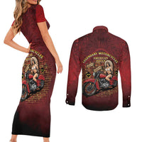 Native American Rider Couples Matching Short Sleeve Bodycon Dress and Long Sleeve Button Shirt Legendary Motorcycle Vintage Pin Up Girl - Wonder Print Shop