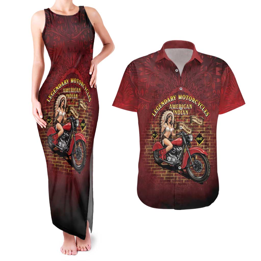 Native American Rider Couples Matching Tank Maxi Dress and Hawaiian Shirt Legendary Motorcycle Vintage Pin Up Girl - Wonder Print Shop