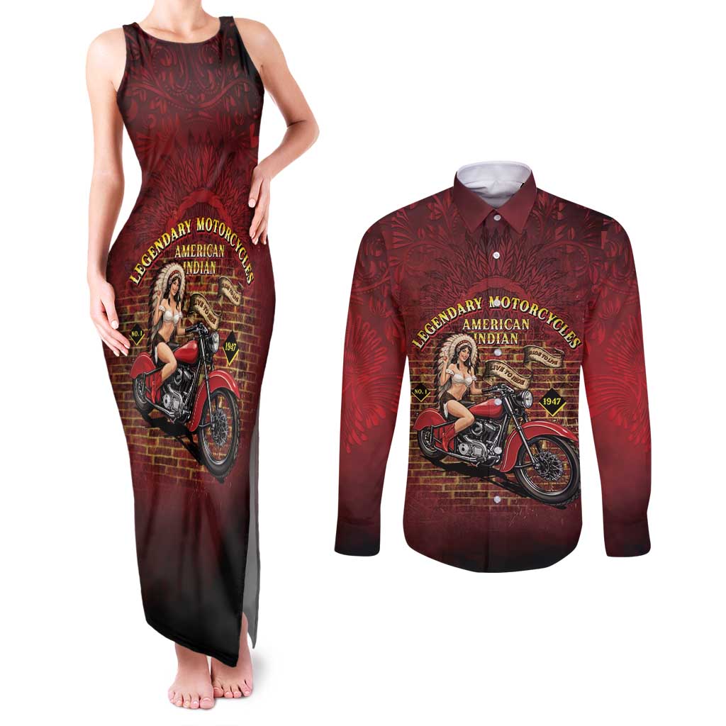 Native American Rider Couples Matching Tank Maxi Dress and Long Sleeve Button Shirt Legendary Motorcycle Vintage Pin Up Girl - Wonder Print Shop