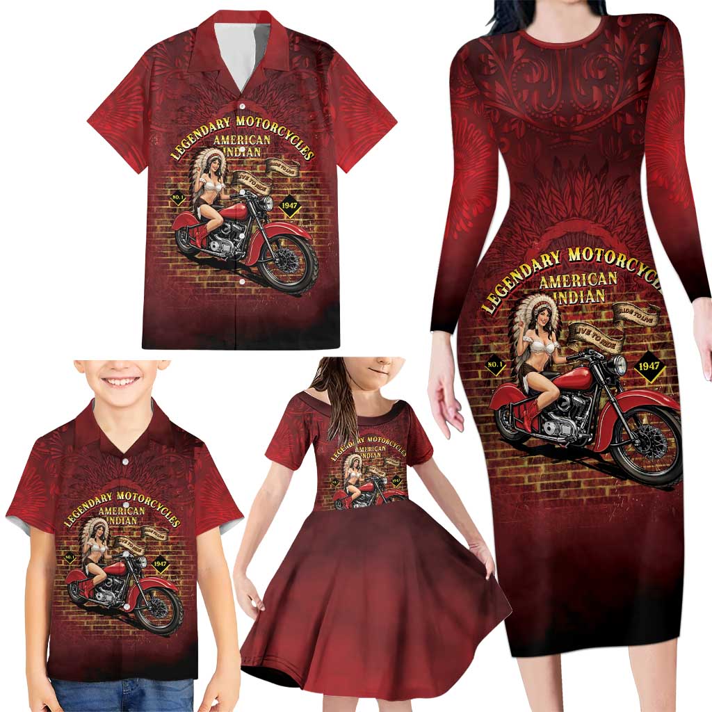 Native American Rider Family Matching Long Sleeve Bodycon Dress and Hawaiian Shirt Legendary Motorcycle Vintage Pin Up Girl - Wonder Print Shop