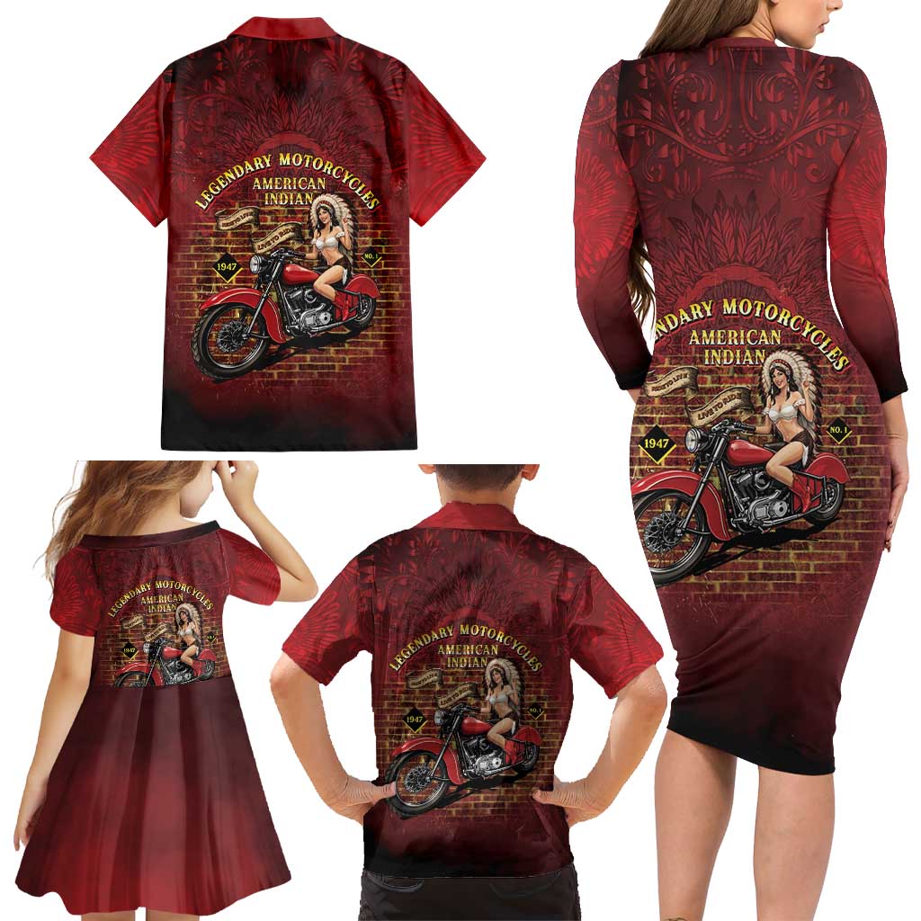 Native American Rider Family Matching Long Sleeve Bodycon Dress and Hawaiian Shirt Legendary Motorcycle Vintage Pin Up Girl - Wonder Print Shop