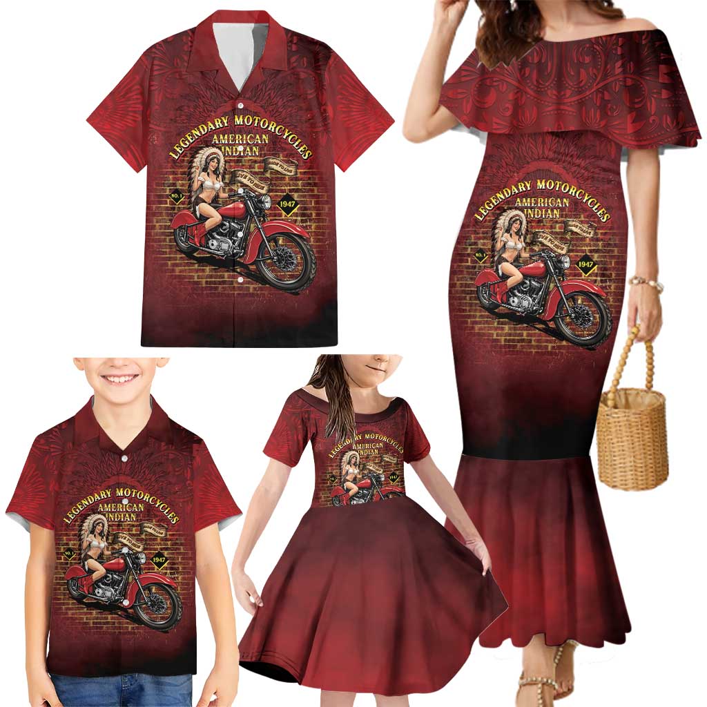 Native American Rider Family Matching Mermaid Dress and Hawaiian Shirt Legendary Motorcycle Vintage Pin Up Girl - Wonder Print Shop