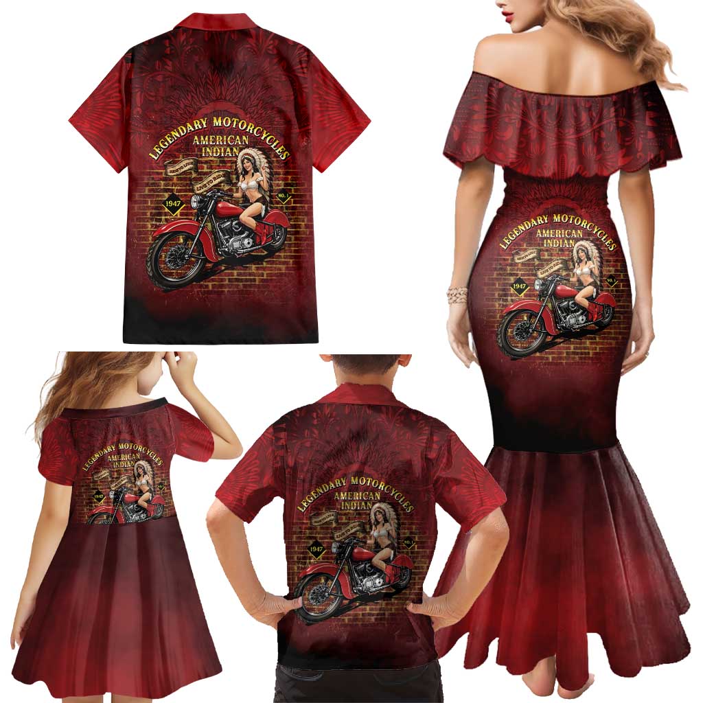 Native American Rider Family Matching Mermaid Dress and Hawaiian Shirt Legendary Motorcycle Vintage Pin Up Girl - Wonder Print Shop