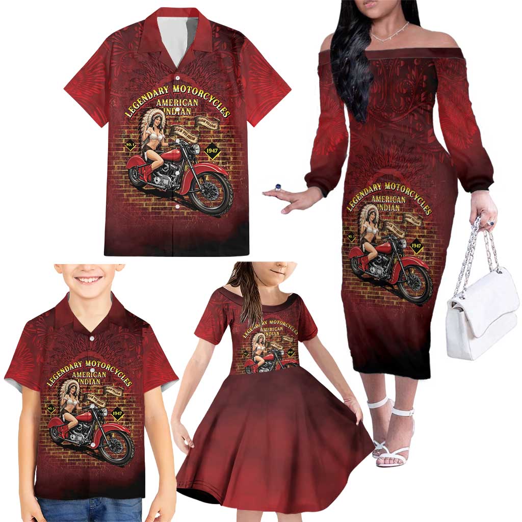 Native American Rider Family Matching Off The Shoulder Long Sleeve Dress and Hawaiian Shirt Legendary Motorcycle Vintage Pin Up Girl - Wonder Print Shop