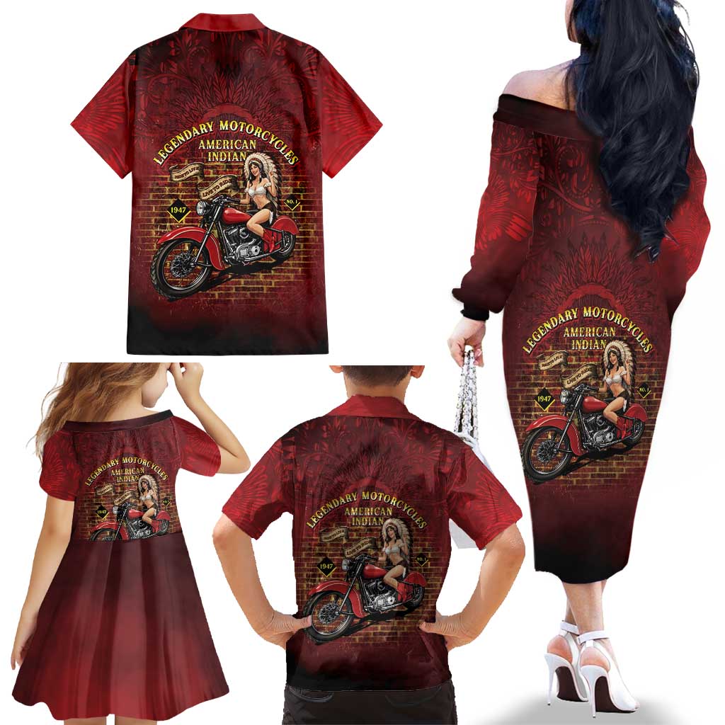 Native American Rider Family Matching Off The Shoulder Long Sleeve Dress and Hawaiian Shirt Legendary Motorcycle Vintage Pin Up Girl - Wonder Print Shop