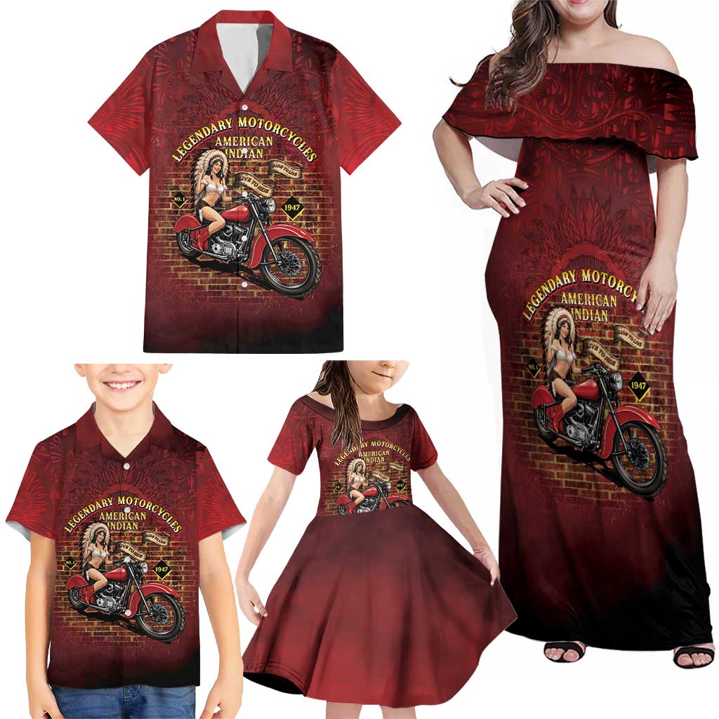Native American Rider Family Matching Off Shoulder Maxi Dress and Hawaiian Shirt Legendary Motorcycle Vintage Pin Up Girl - Wonder Print Shop