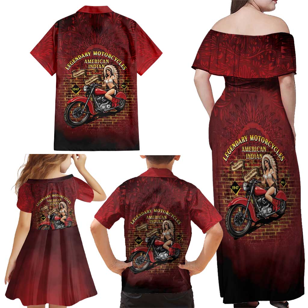 Native American Rider Family Matching Off Shoulder Maxi Dress and Hawaiian Shirt Legendary Motorcycle Vintage Pin Up Girl - Wonder Print Shop