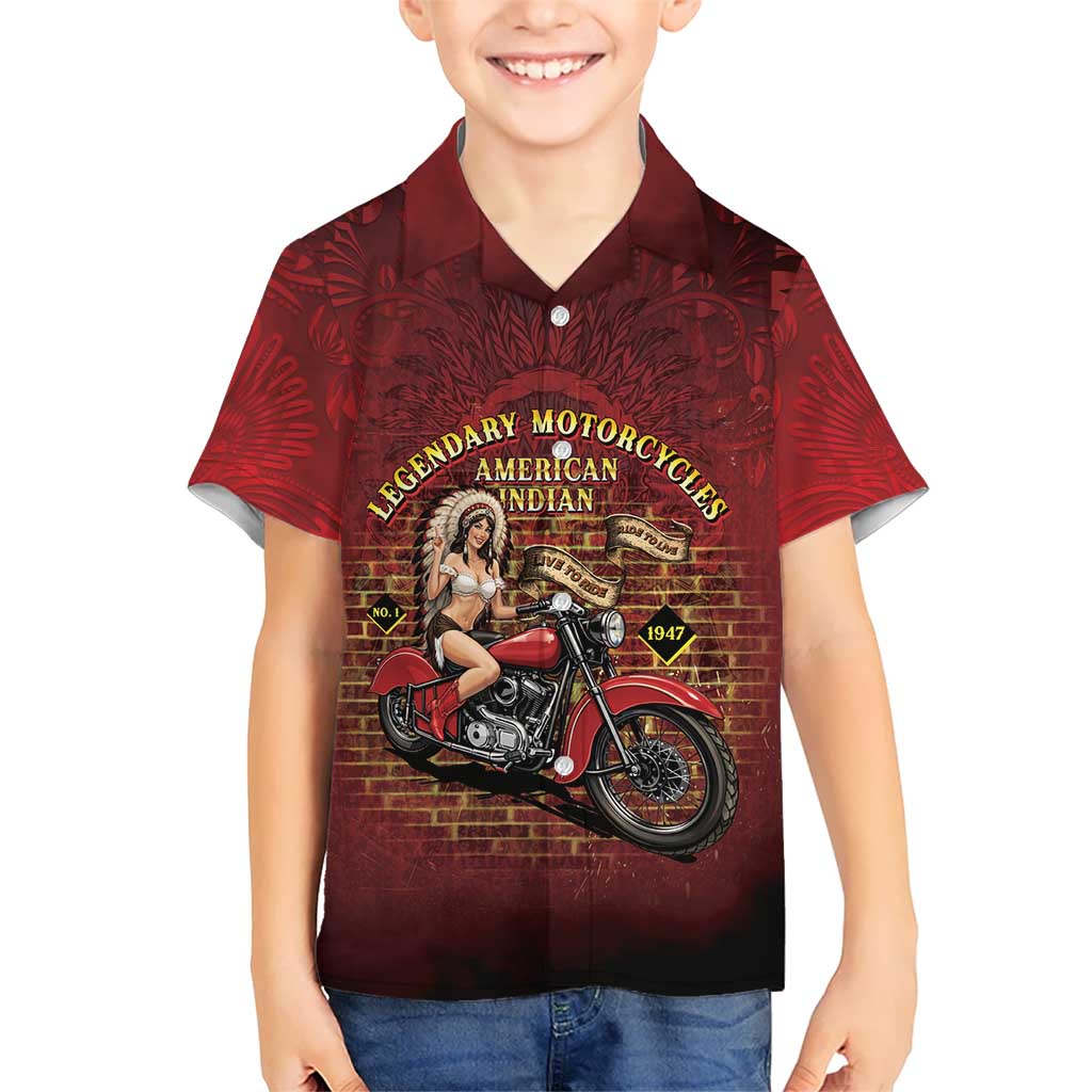 Native American Rider Family Matching Off Shoulder Maxi Dress and Hawaiian Shirt Legendary Motorcycle Vintage Pin Up Girl - Wonder Print Shop