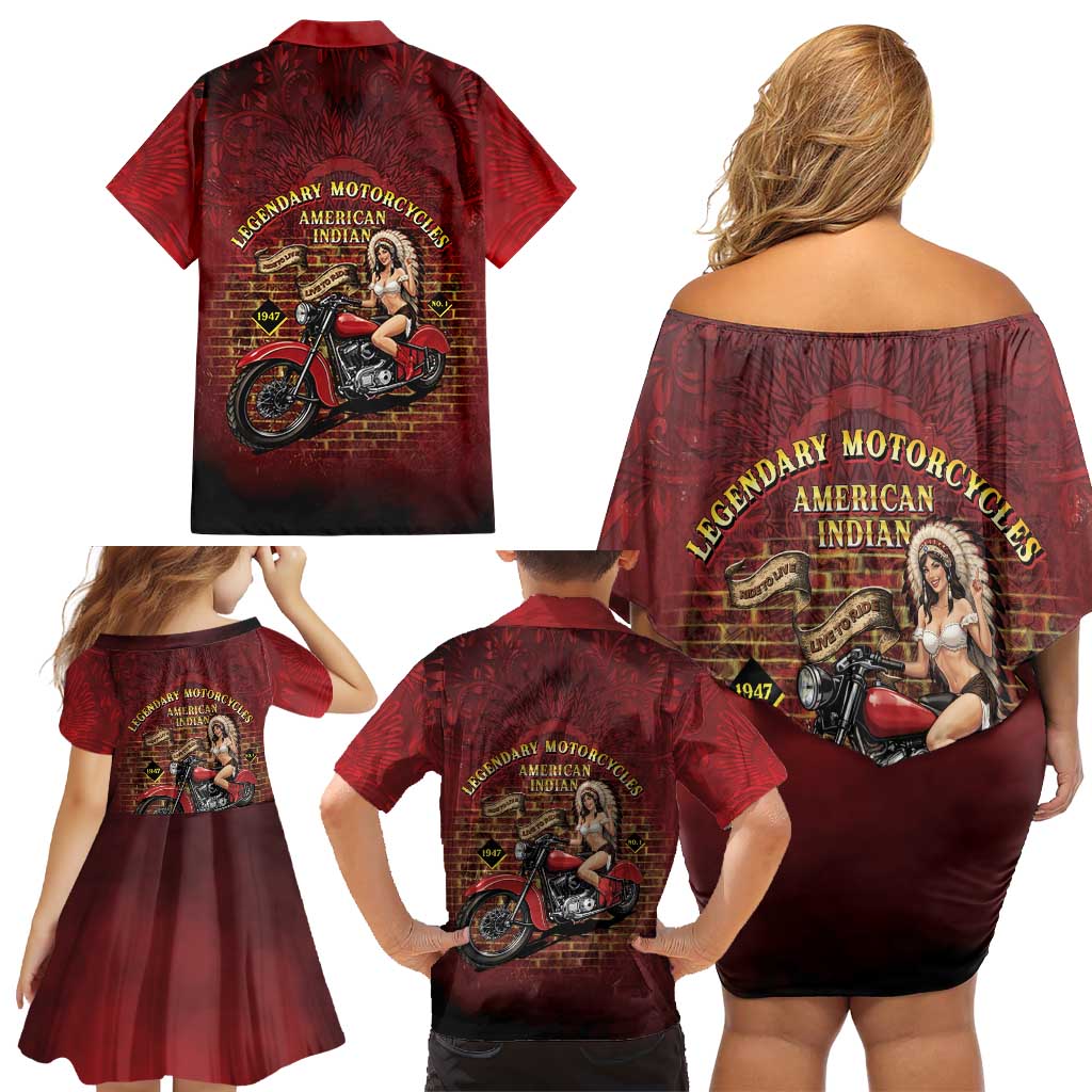 Native American Rider Family Matching Off Shoulder Short Dress and Hawaiian Shirt Legendary Motorcycle Vintage Pin Up Girl - Wonder Print Shop