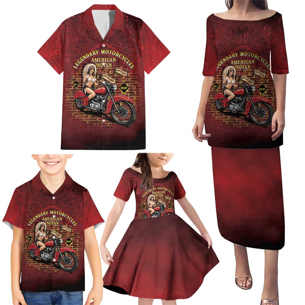 Native American Rider Family Matching Puletasi and Hawaiian Shirt Legendary Motorcycle Vintage Pin Up Girl - Wonder Print Shop