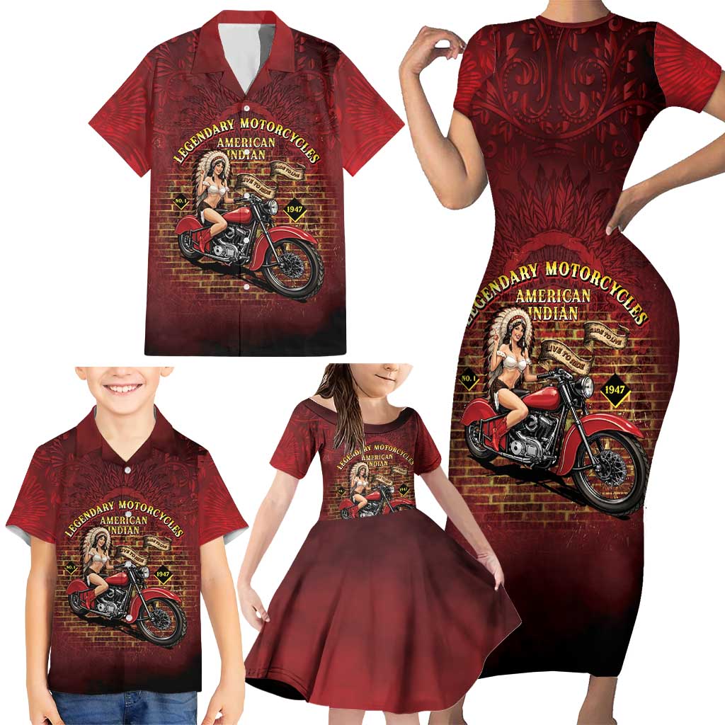 Native American Rider Family Matching Short Sleeve Bodycon Dress and Hawaiian Shirt Legendary Motorcycle Vintage Pin Up Girl - Wonder Print Shop
