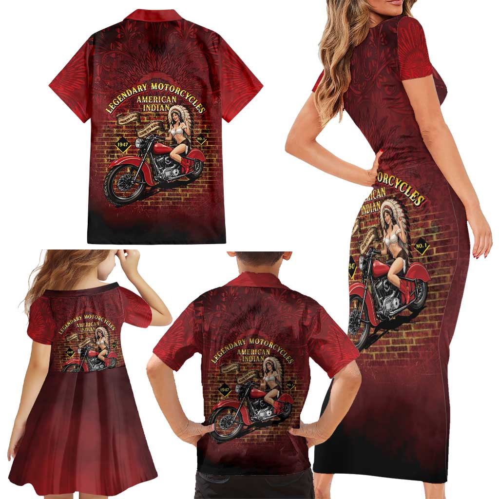 Native American Rider Family Matching Short Sleeve Bodycon Dress and Hawaiian Shirt Legendary Motorcycle Vintage Pin Up Girl - Wonder Print Shop