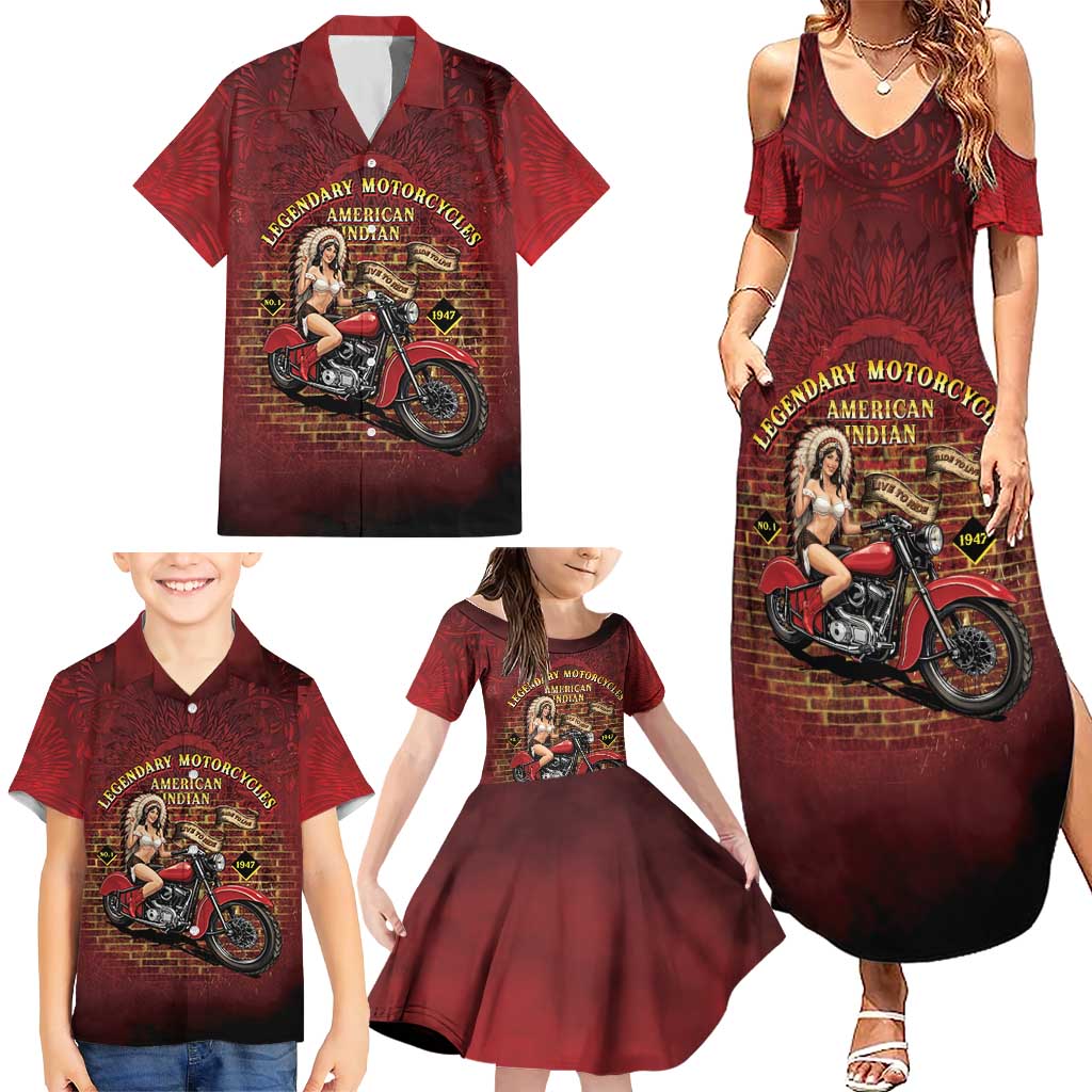 Native American Rider Family Matching Summer Maxi Dress and Hawaiian Shirt Legendary Motorcycle Vintage Pin Up Girl - Wonder Print Shop