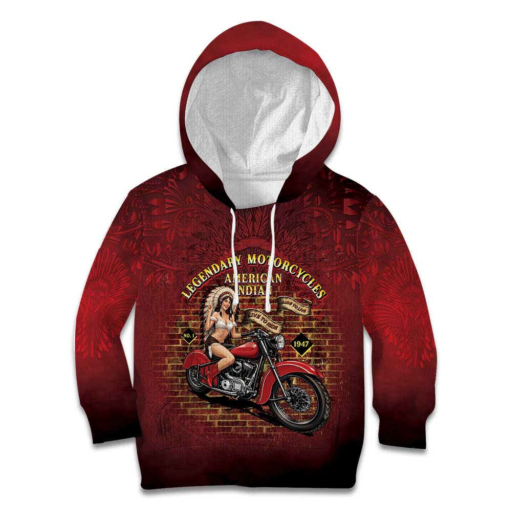 Native American Rider Kid Hoodie Legendary Motorcycle Vintage Pin Up Girl - Wonder Print Shop