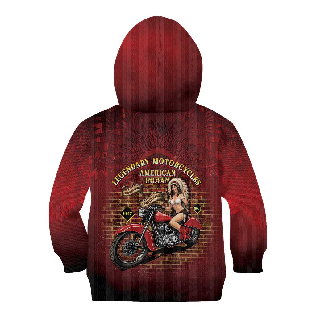 Native American Rider Kid Hoodie Legendary Motorcycle Vintage Pin Up Girl - Wonder Print Shop