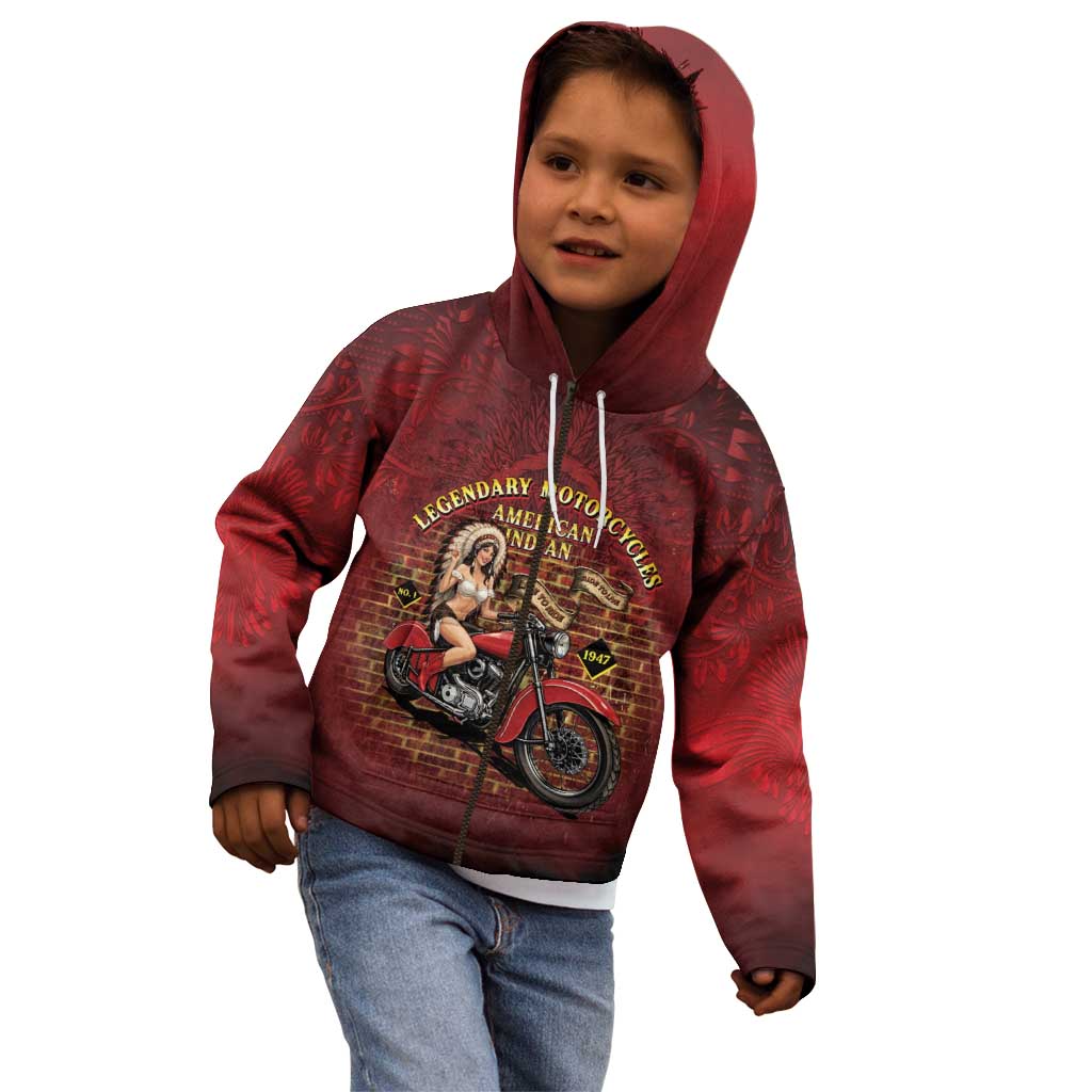 Native American Rider Kid Hoodie Legendary Motorcycle Vintage Pin Up Girl - Wonder Print Shop