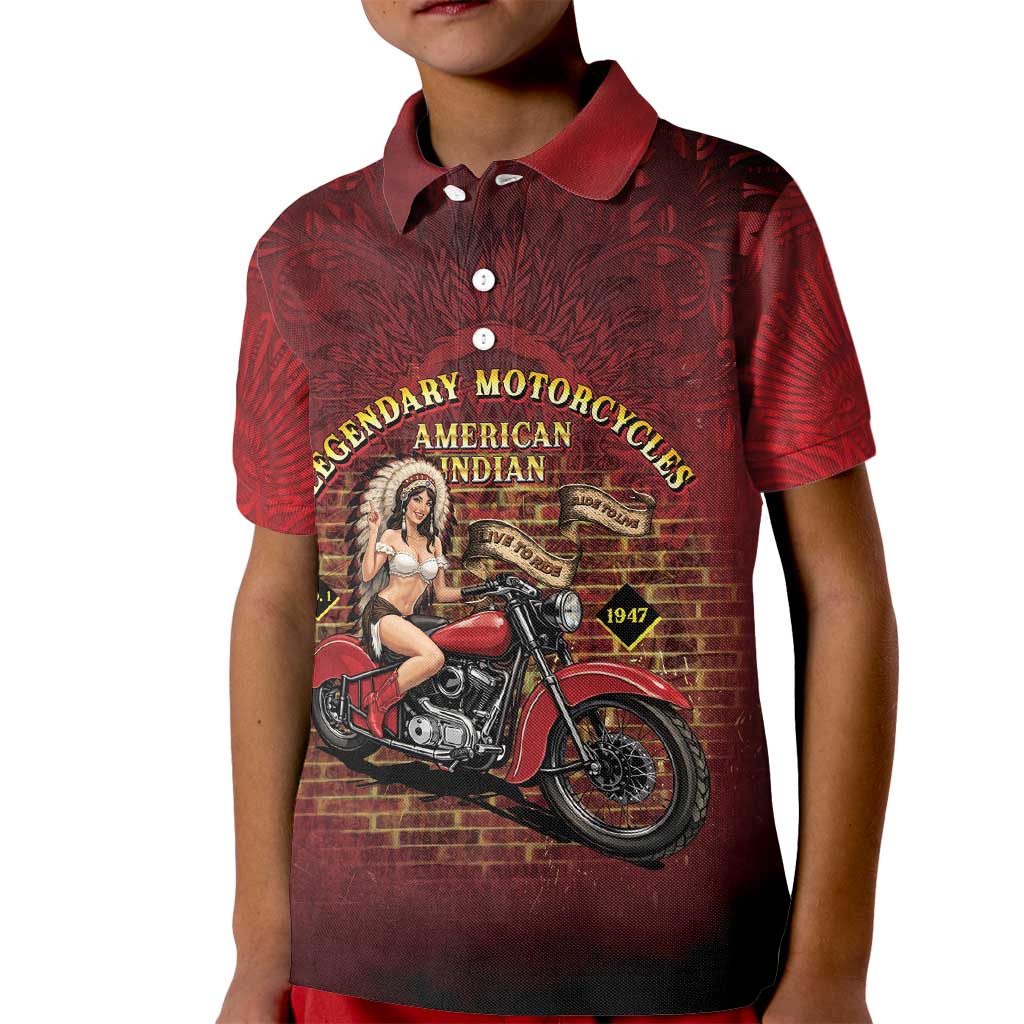 Native American Rider Kid Polo Shirt Legendary Motorcycle Vintage Pin Up Girl - Wonder Print Shop