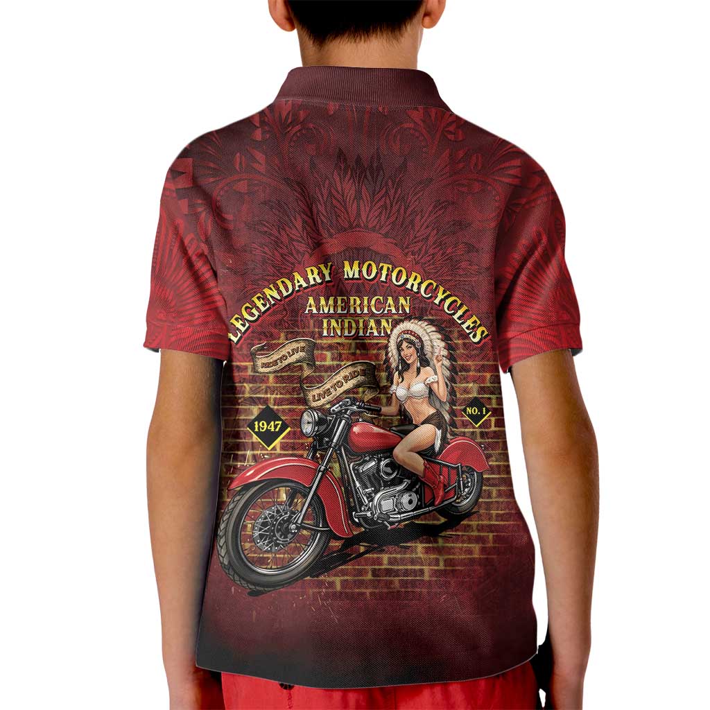 Native American Rider Kid Polo Shirt Legendary Motorcycle Vintage Pin Up Girl - Wonder Print Shop