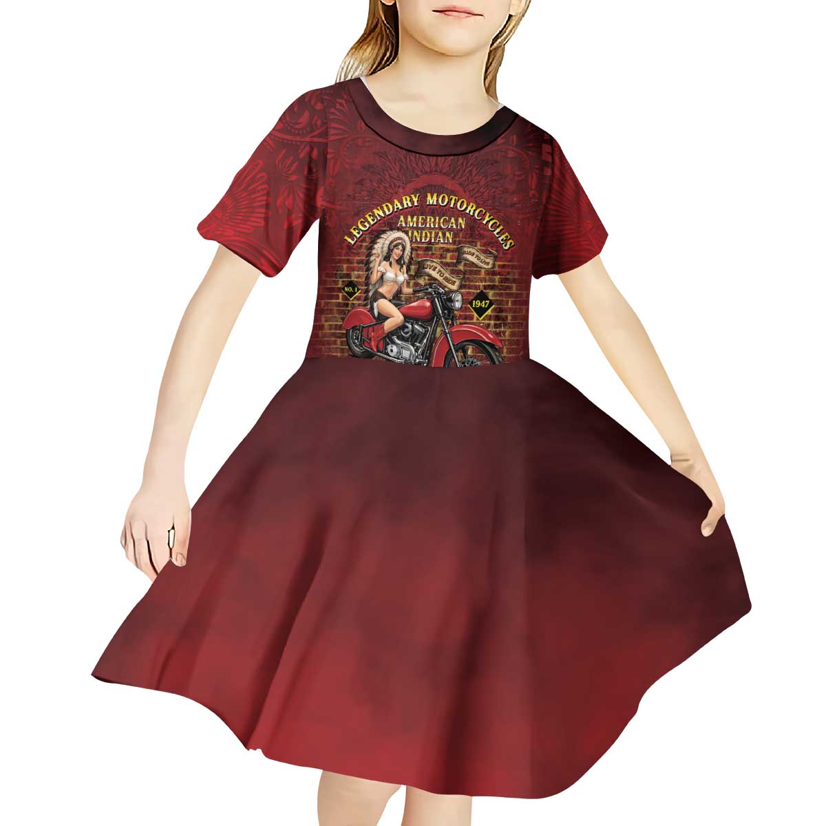 Native American Rider Kid Short Sleeve Dress Legendary Motorcycle Vintage Pin Up Girl - Wonder Print Shop