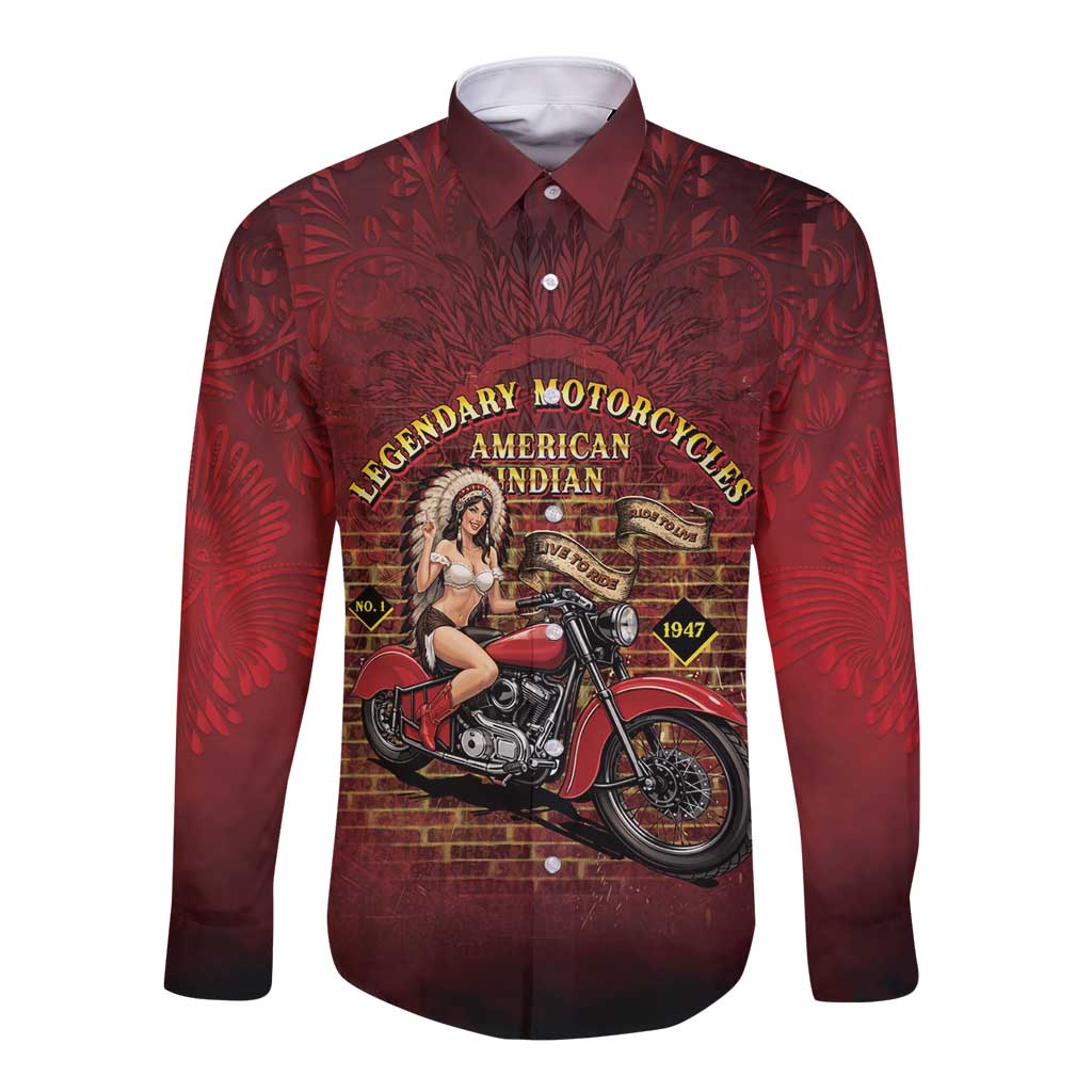 Native American Rider Long Sleeve Button Shirt Legendary Motorcycle Vintage Pin Up Girl - Wonder Print Shop