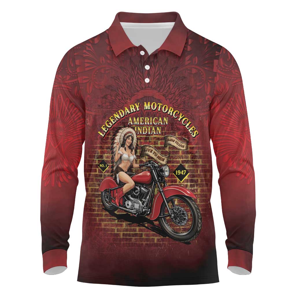 Native American Rider Long Sleeve Polo Shirt Legendary Motorcycle Vintage Pin Up Girl - Wonder Print Shop