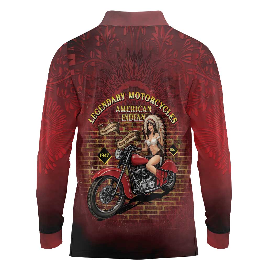 Native American Rider Long Sleeve Polo Shirt Legendary Motorcycle Vintage Pin Up Girl - Wonder Print Shop