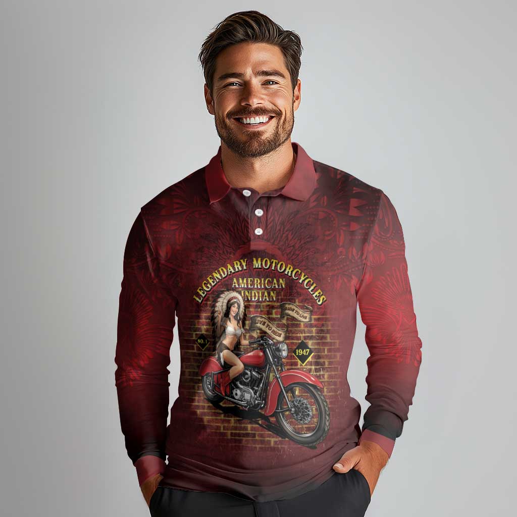 Native American Rider Long Sleeve Polo Shirt Legendary Motorcycle Vintage Pin Up Girl - Wonder Print Shop