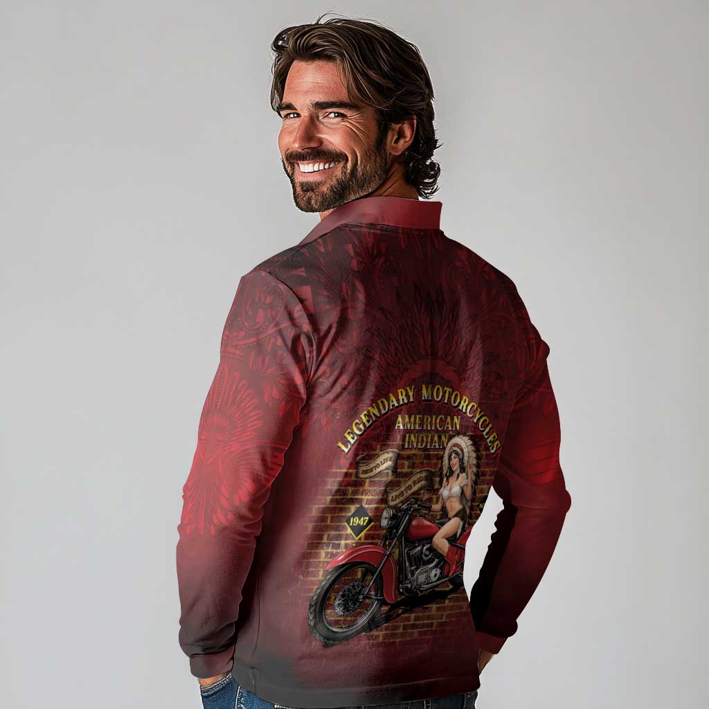 Native American Rider Long Sleeve Polo Shirt Legendary Motorcycle Vintage Pin Up Girl - Wonder Print Shop