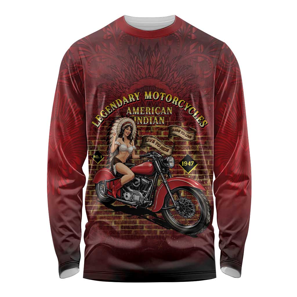 Native American Rider Long Sleeve Shirt Legendary Motorcycle Vintage Pin Up Girl - Wonder Print Shop