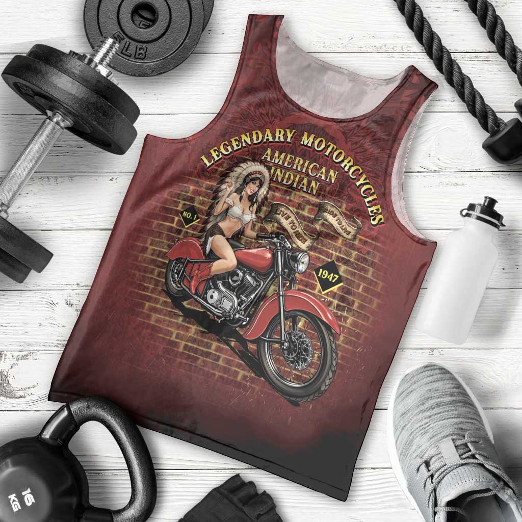 Native American Rider Men Tank Top Legendary Motorcycle Vintage Pin Up Girl - Wonder Print Shop