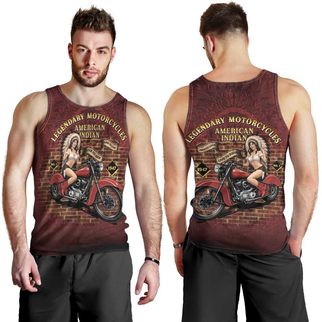 Native American Rider Men Tank Top Legendary Motorcycle Vintage Pin Up Girl - Wonder Print Shop