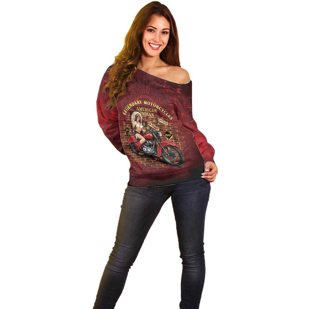 Native American Rider Off Shoulder Sweater Legendary Motorcycle Vintage Pin Up Girl - Wonder Print Shop