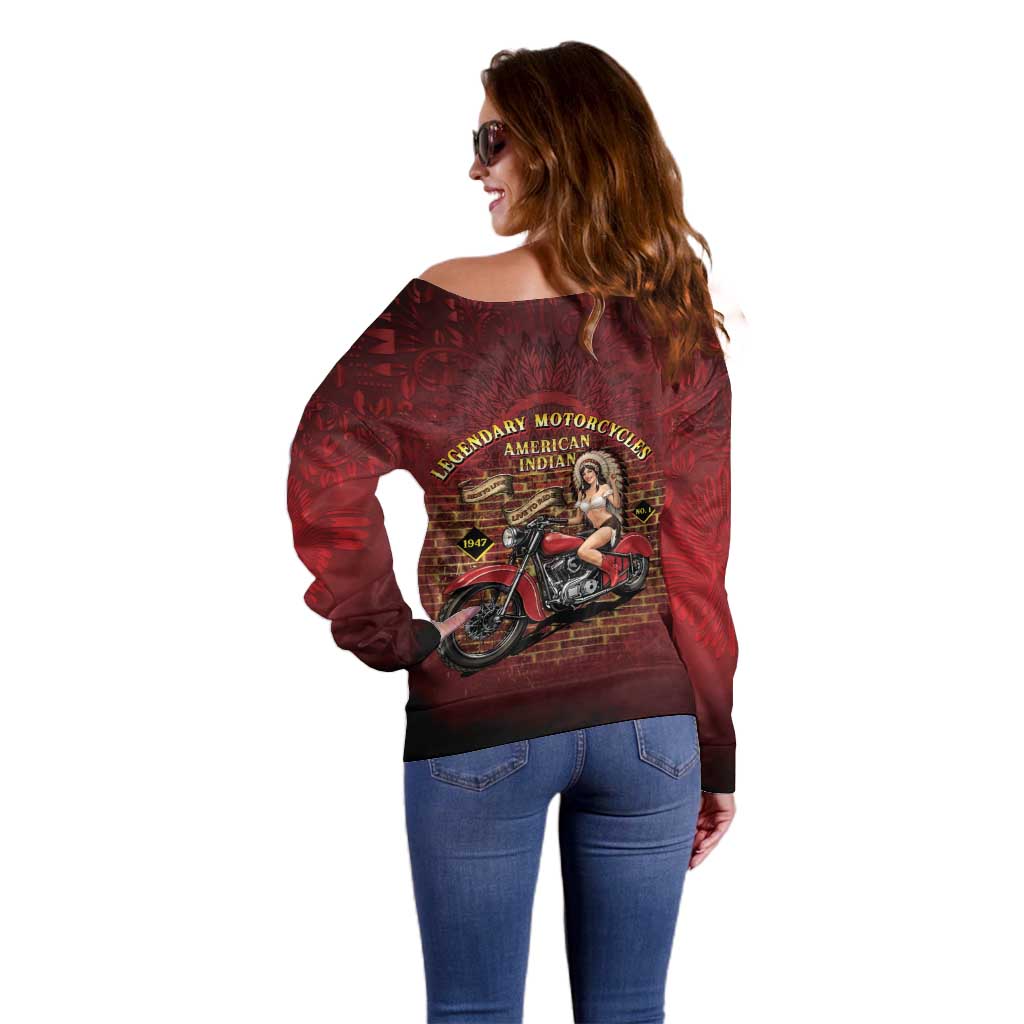 Native American Rider Off Shoulder Sweater Legendary Motorcycle Vintage Pin Up Girl - Wonder Print Shop