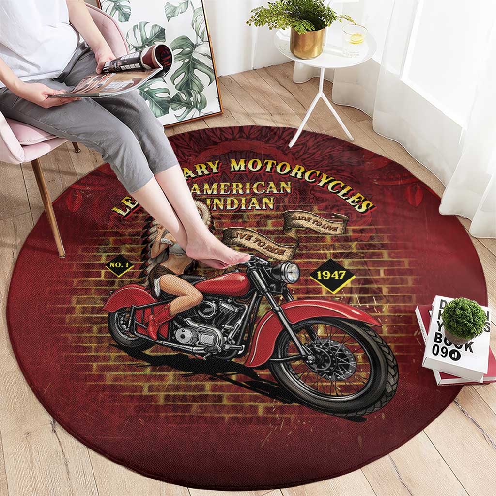 Native American Rider Round Carpet Legendary Motorcycle Vintage Pin Up Girl - Wonder Print Shop
