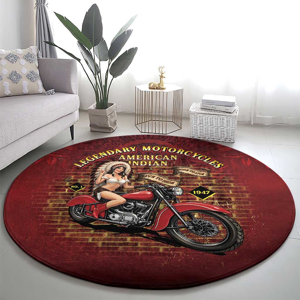 Native American Rider Round Carpet Legendary Motorcycle Vintage Pin Up Girl - Wonder Print Shop
