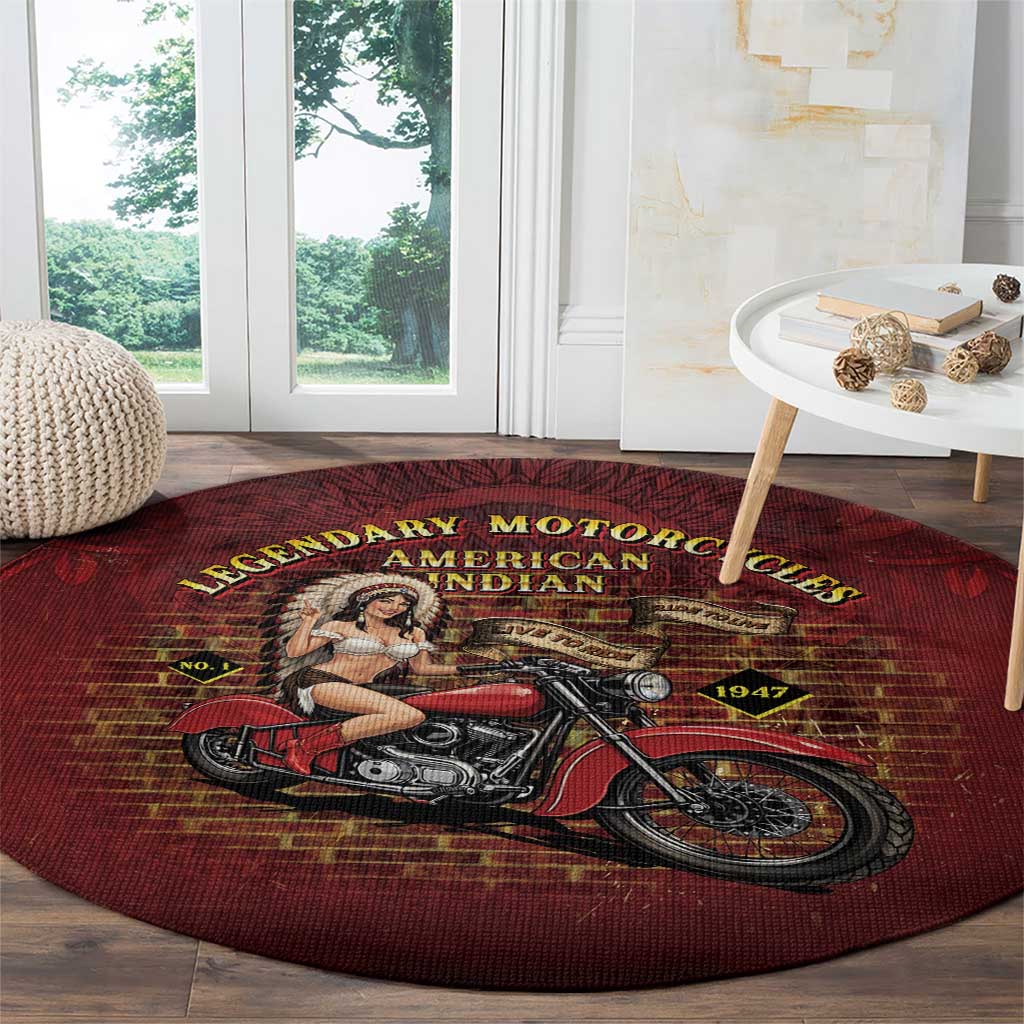 Native American Rider Round Carpet Legendary Motorcycle Vintage Pin Up Girl - Wonder Print Shop