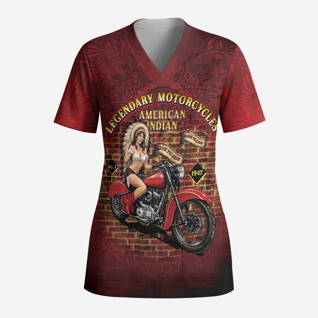 Native American Rider Scrub Top Legendary Motorcycle Vintage Pin Up Girl - Wonder Print Shop
