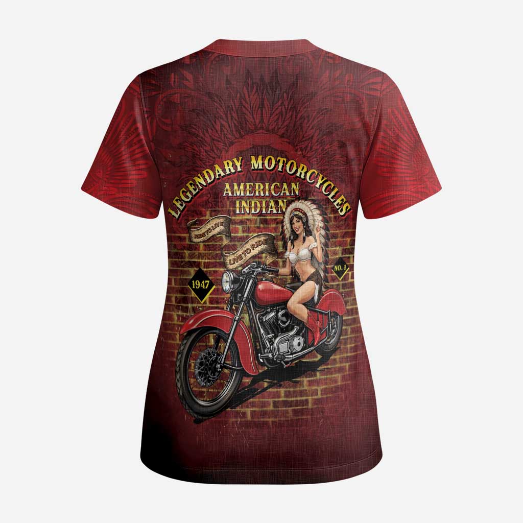 Native American Rider Scrub Top Legendary Motorcycle Vintage Pin Up Girl - Wonder Print Shop