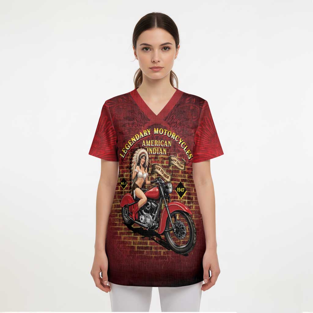 Native American Rider Scrub Top Legendary Motorcycle Vintage Pin Up Girl - Wonder Print Shop