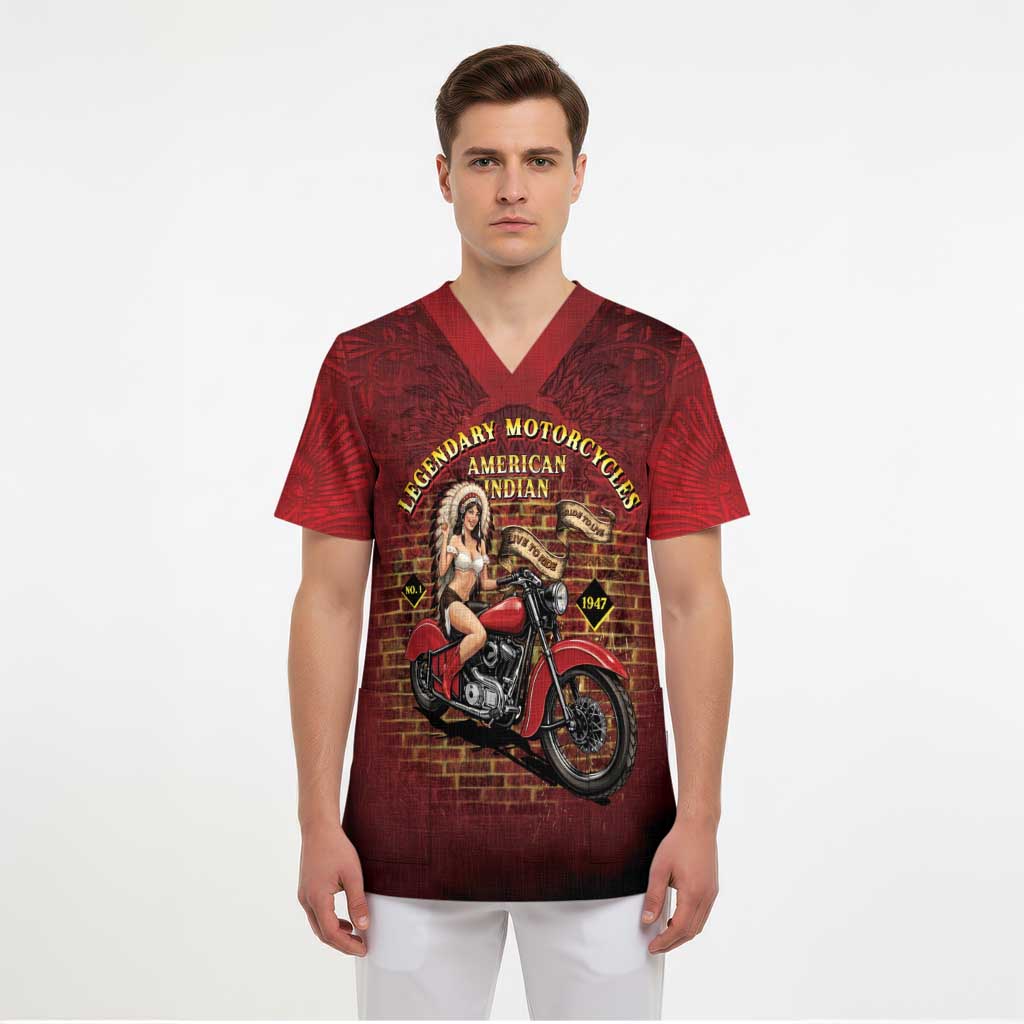 Native American Rider Scrub Top Legendary Motorcycle Vintage Pin Up Girl - Wonder Print Shop