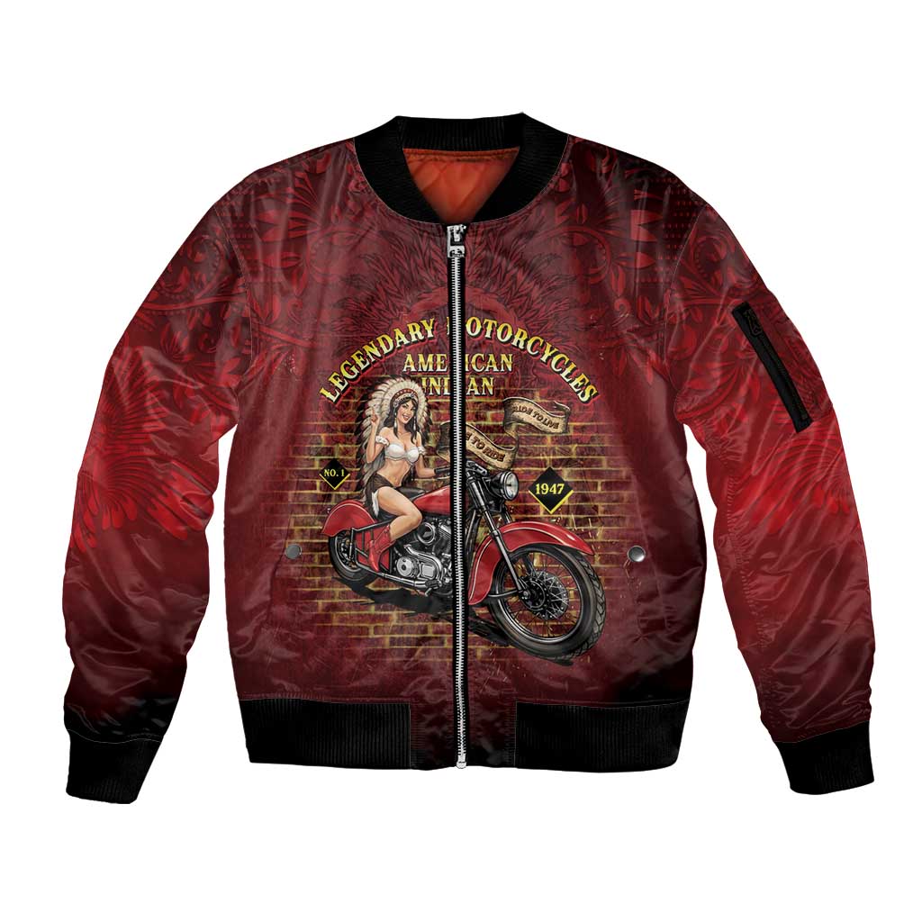 Native American Rider Sleeve Zip Bomber Jacket Legendary Motorcycle Vintage Pin Up Girl - Wonder Print Shop