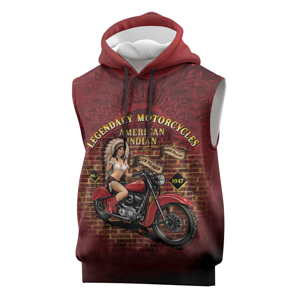 Native American Rider Sleeveless Hoodie Legendary Motorcycle Vintage Pin Up Girl - Wonder Print Shop