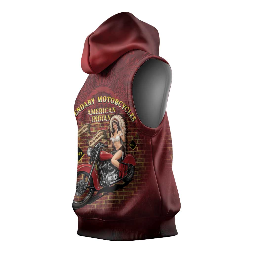 Native American Rider Sleeveless Hoodie Legendary Motorcycle Vintage Pin Up Girl - Wonder Print Shop